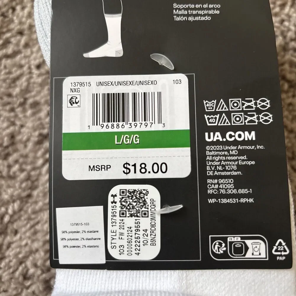 Under Armour 1379515 103 Unisex UA Performance Tech White U Crew Socks 3-Pack